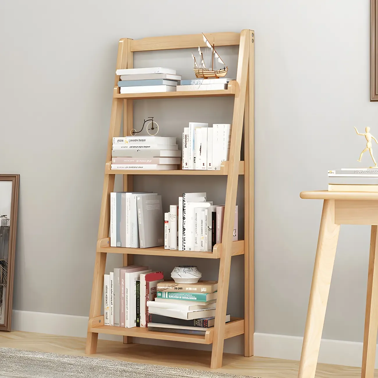 Minimalist Wooden Ladder Storage Bookcase in Walnut Image - 3