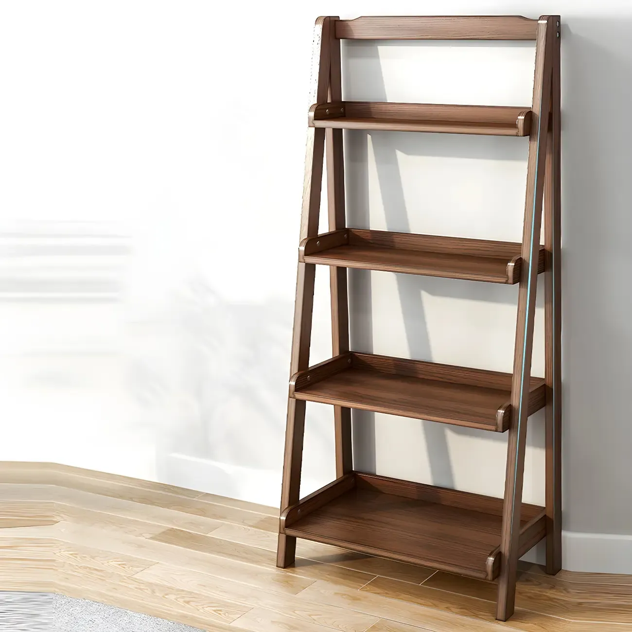 Minimalist Wooden Ladder Storage Bookcase in Walnut Image - 4