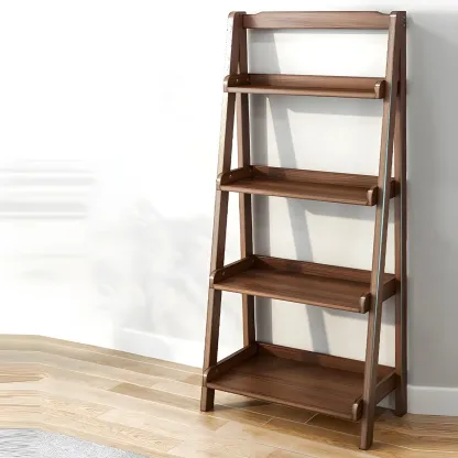 Minimalist Wooden Ladder Storage Bookcase in Walnut Image - 4