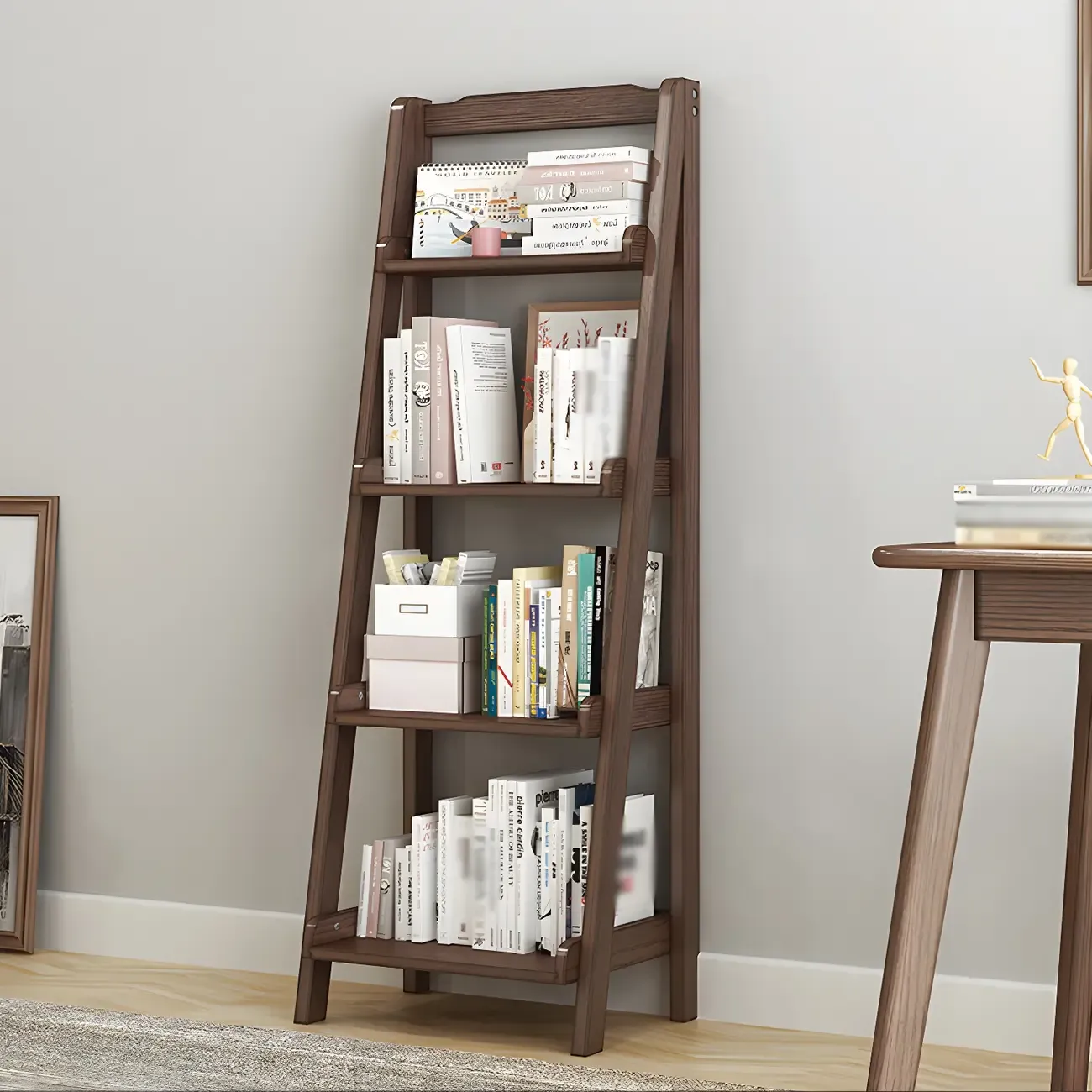Minimalist Wooden Ladder Storage Bookcase in Walnut Image - 5