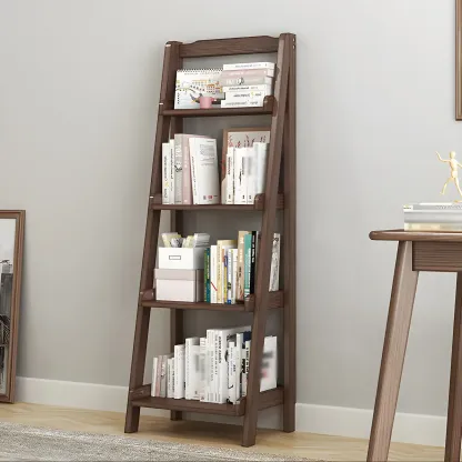 Minimalist Wooden Ladder Storage Bookcase in Walnut Image - 5