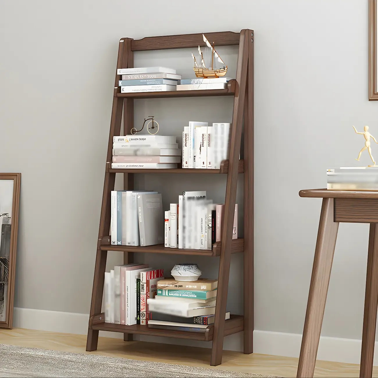 Minimalist Wooden Ladder Storage Bookcase in Walnut Image - 7