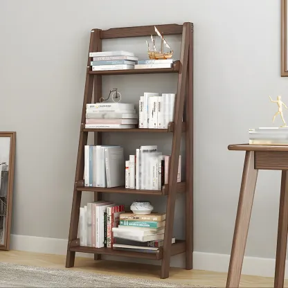 Minimalist Wooden Ladder Storage Bookcase in Walnut Image - 7