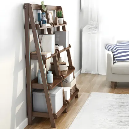 Minimalist Wooden Ladder Storage Bookcase in Walnut Image - 8
