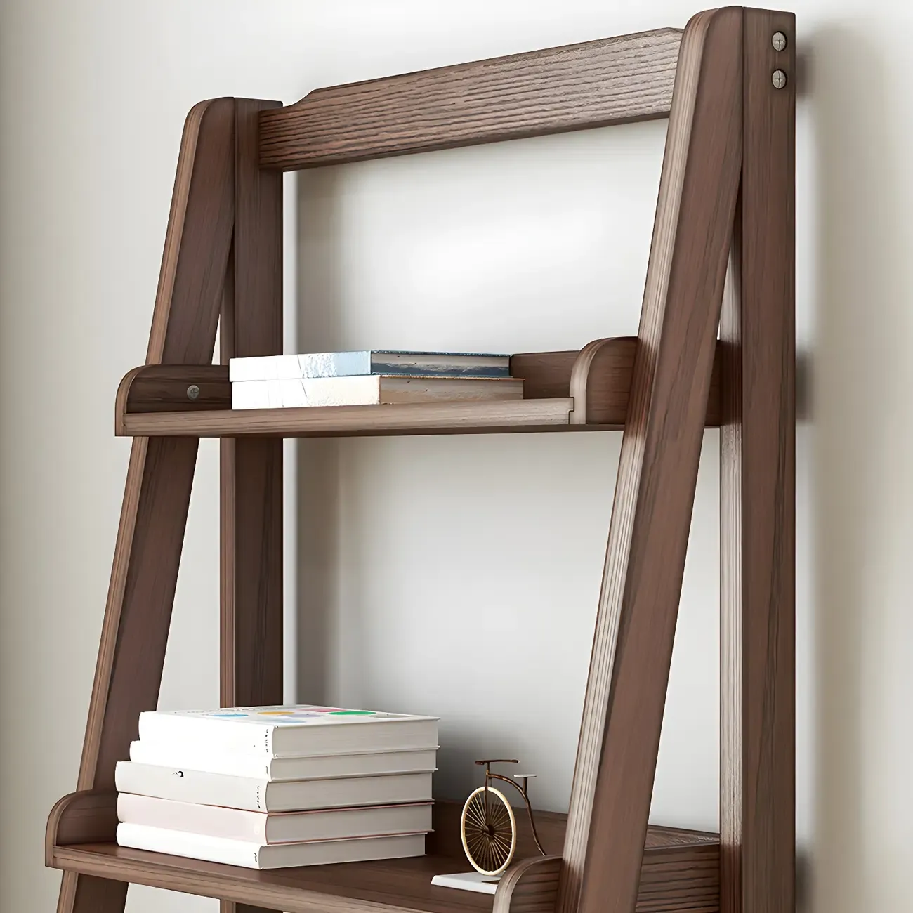 Minimalist Wooden Ladder Storage Bookcase in Walnut Image - 11