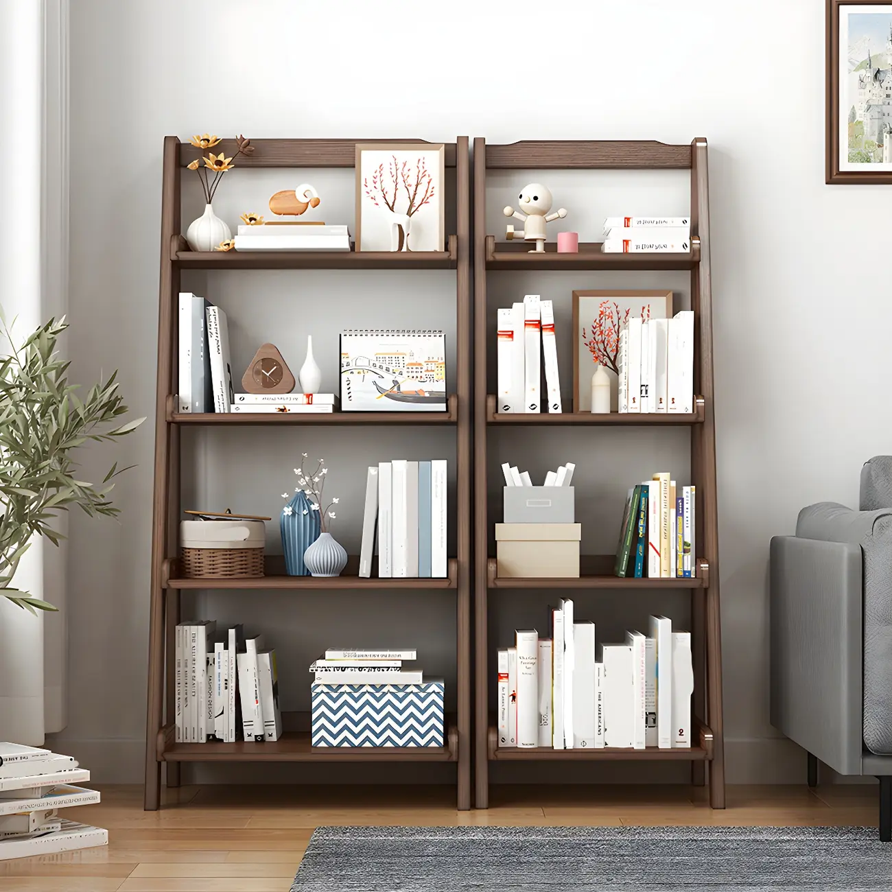 Minimalist Wooden Ladder Storage Bookcase in Walnut Image - 14 | homeyfad