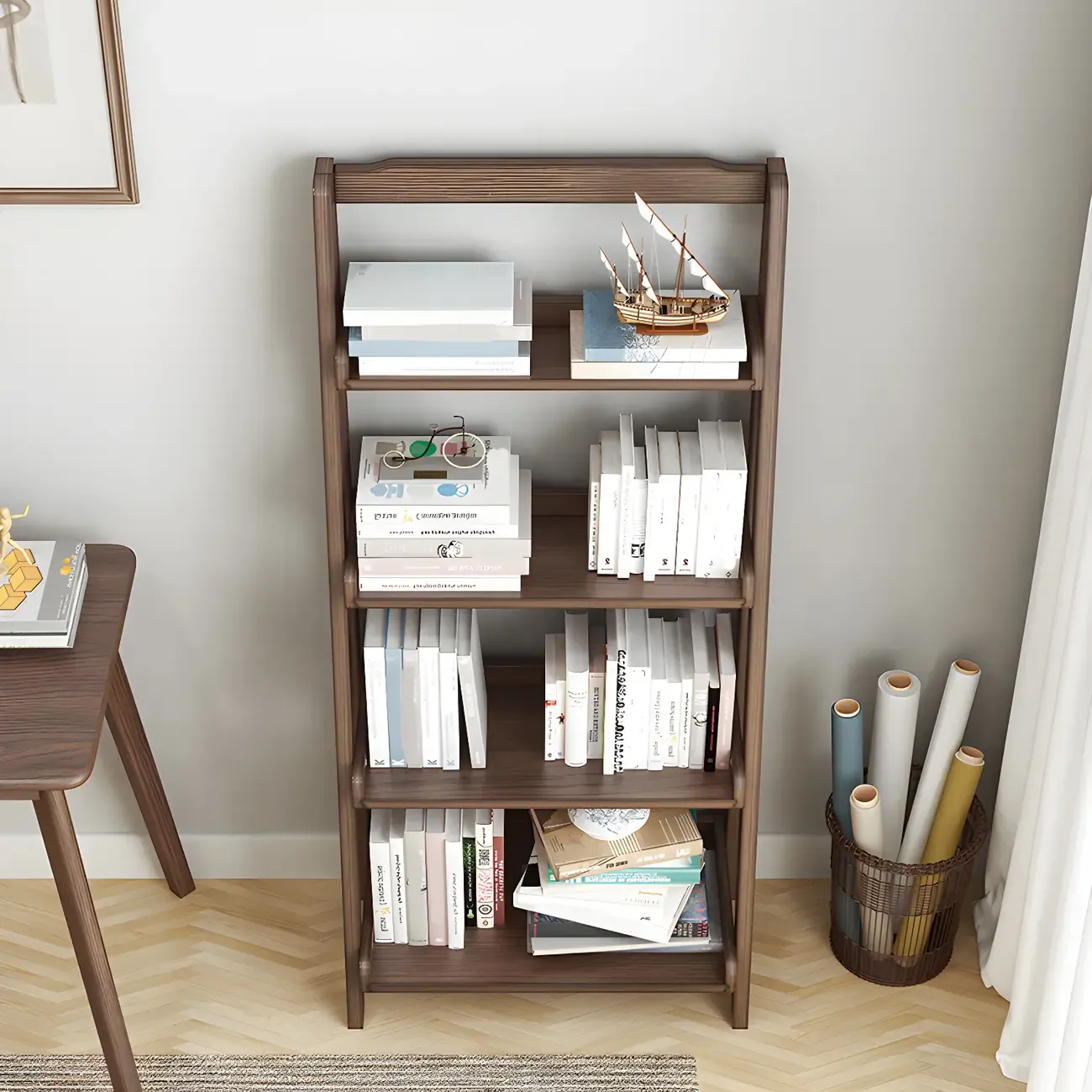 Minimalist Wooden Ladder Storage Bookcase in Walnut Image - 15
