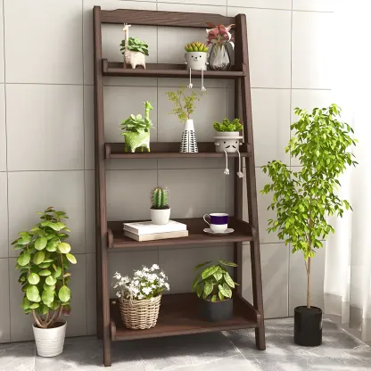 Minimalist Wooden Ladder Storage Bookcase in Walnut Image - 16