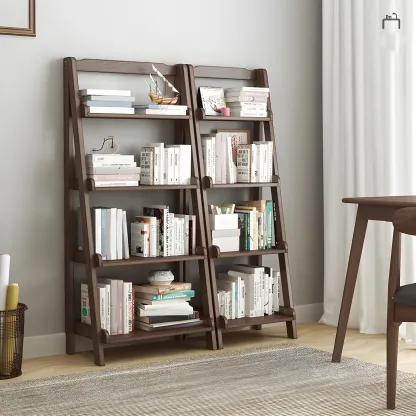 Minimalist Wooden Ladder Storage Bookcase in Walnut Image - 17
