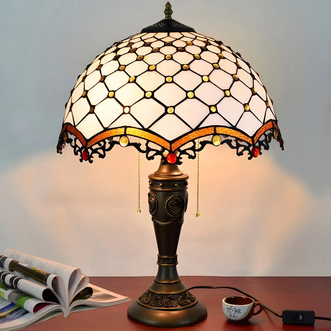 2-Light Vintage Stainless Glass Dome Table Lamp Image - 12