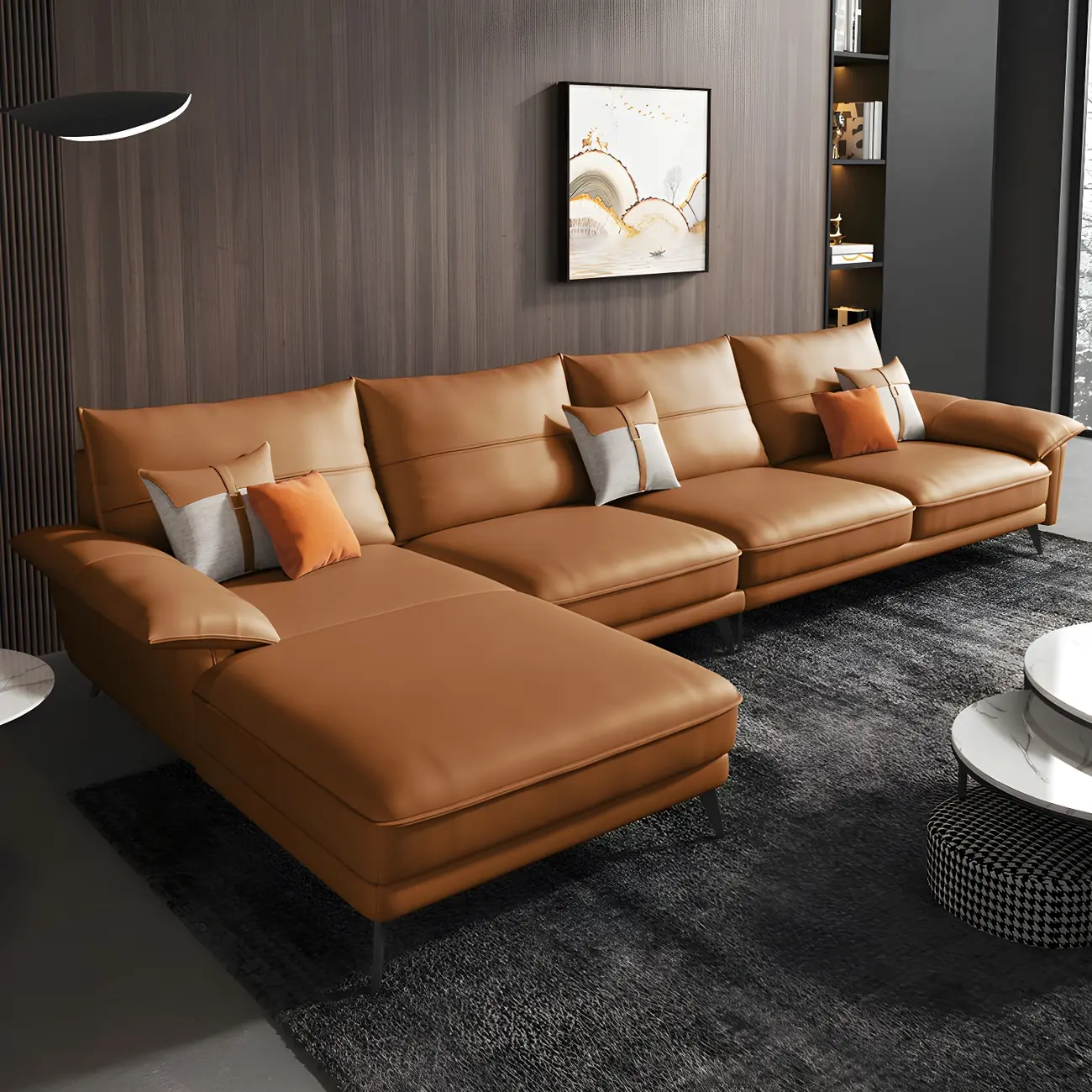 Brown Genuine Leather Modular Living Sectional with Pillows Image - 1 | homeyfad