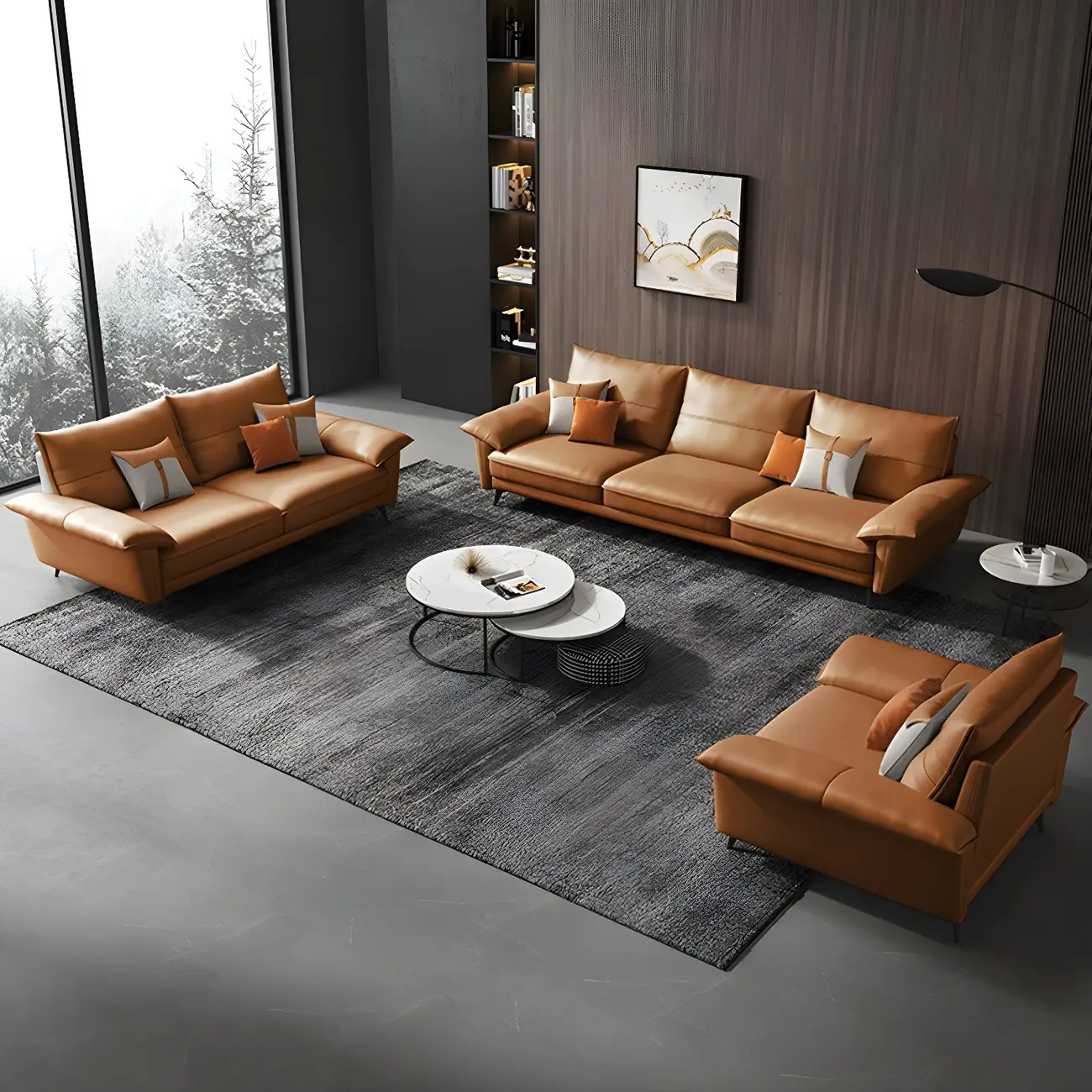 Brown Genuine Leather Modular Living Sectional with Pillows Image - 2 | homeyfad