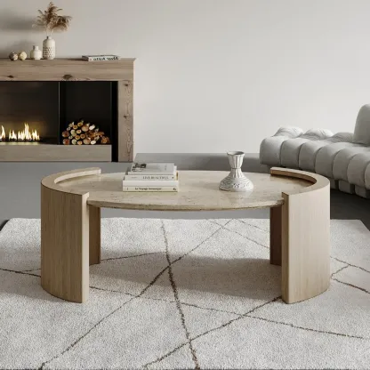 Japandi Oval Travertine Coffee Table in Double Pedestal Image - 2
