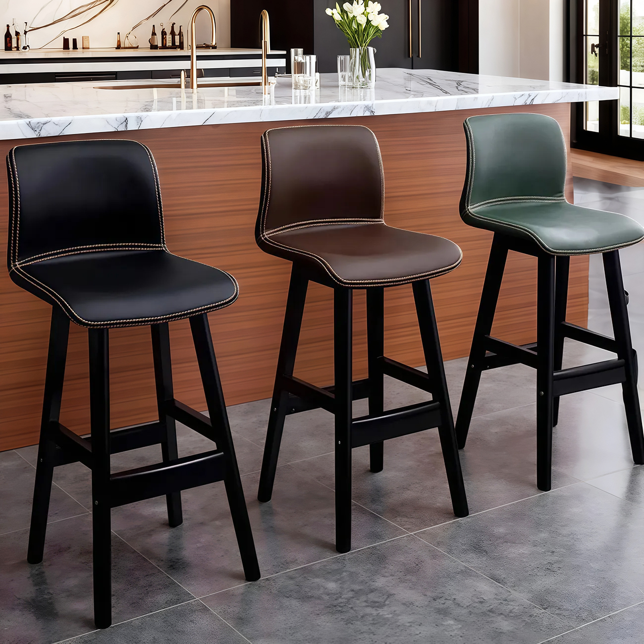 Square Low Back Leather Bar Stools with Footrest