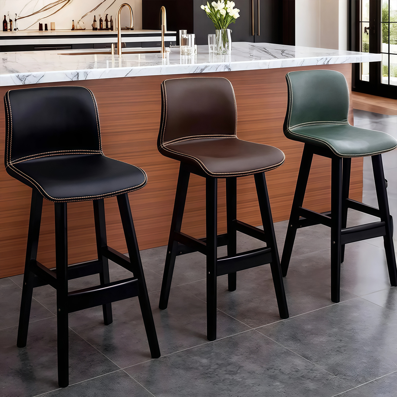 Square Low Back Leather Bar Stools with Footrest | homeyfad