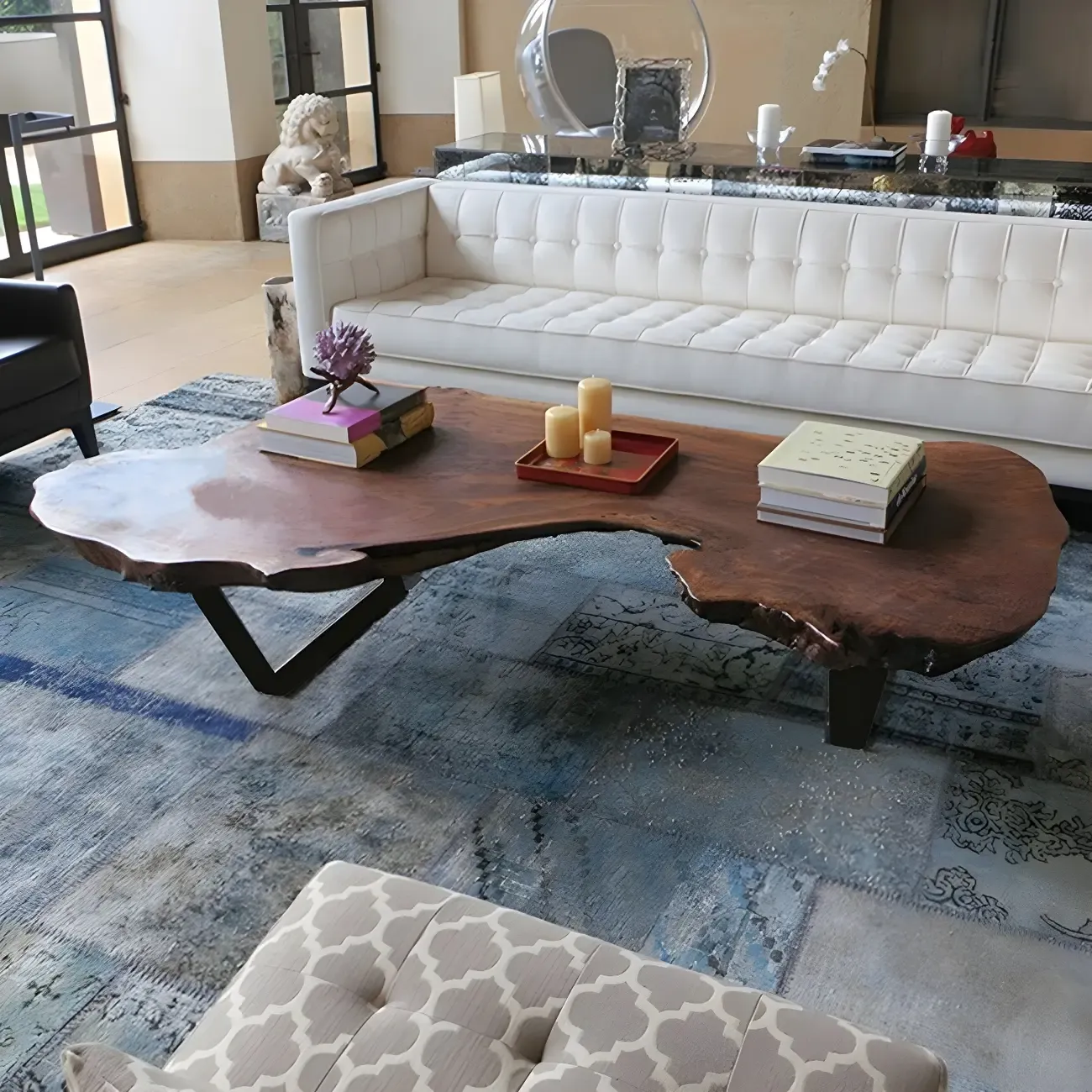 Geometric Modern Red Wood Top Steel Base Coffee Table Image - 2