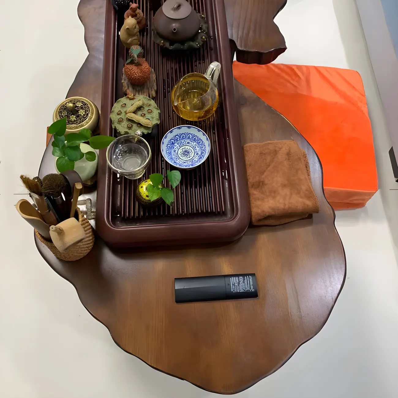 Geometric Modern Red Wood Top Steel Base Coffee Table Image - 3 | homeyfad