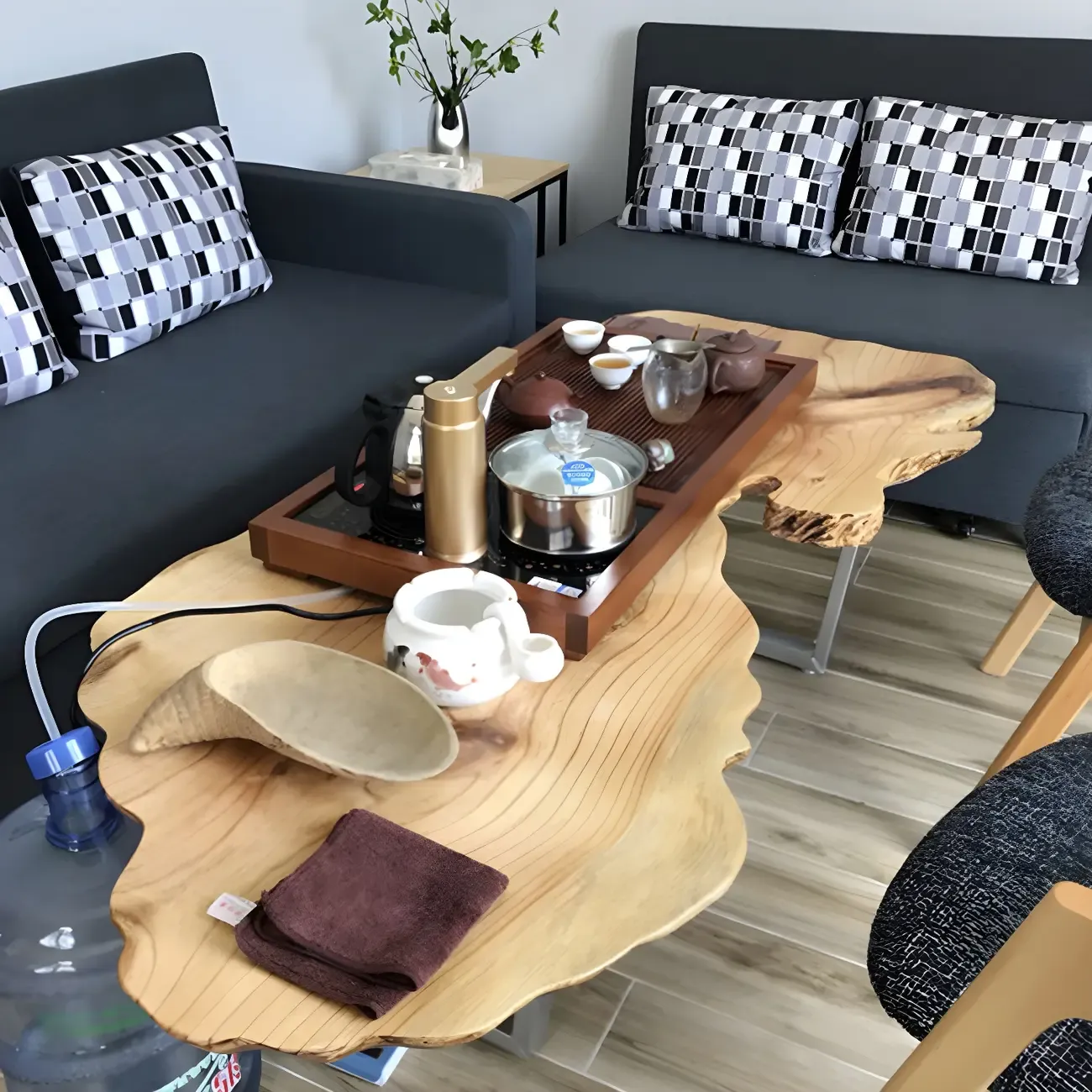 Geometric Modern Red Wood Top Steel Base Coffee Table Image - 5