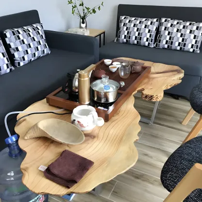 Geometric Modern Red Wood Top Steel Base Coffee Table Image - 5