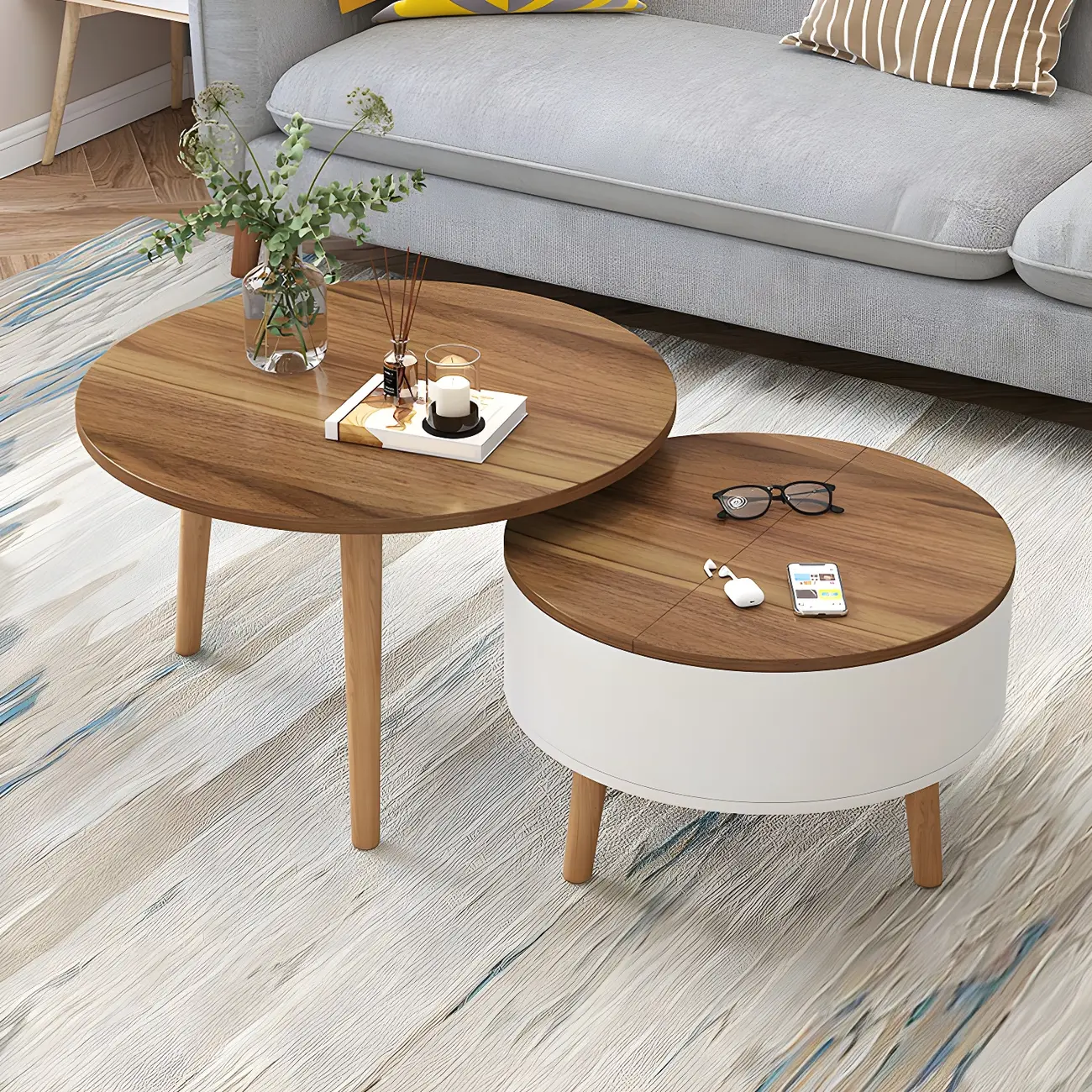 Black White Modern Round Wood Coffee Table with Storage | homeyfad