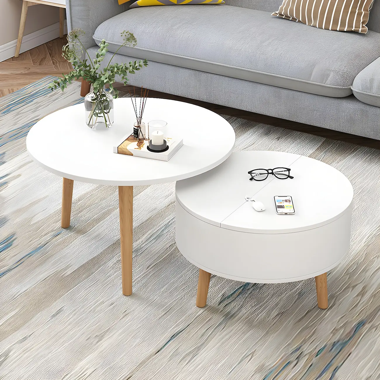 Black White Modern Round Wood Coffee Table with Storage | homeyfad