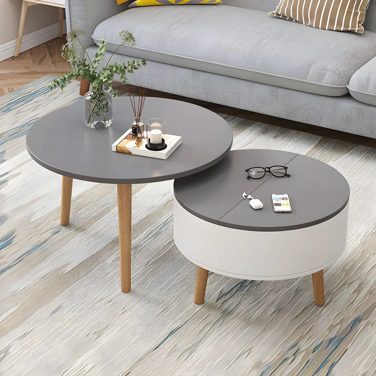 Black White Modern Round Wood Coffee Table with Storage | homeyfad