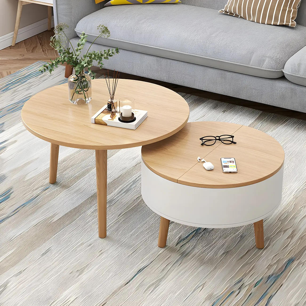 Black White Modern Round Wood Coffee Table with Storage | homeyfad