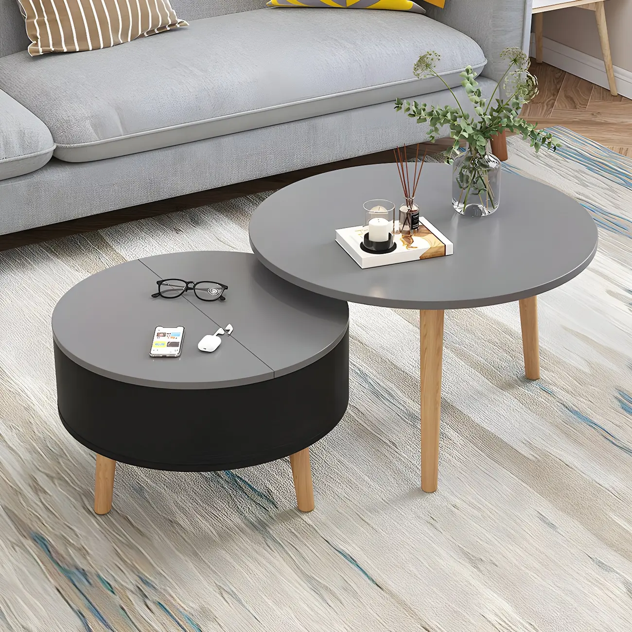 Black White Modern Round Wood Coffee Table with Storage | homeyfad