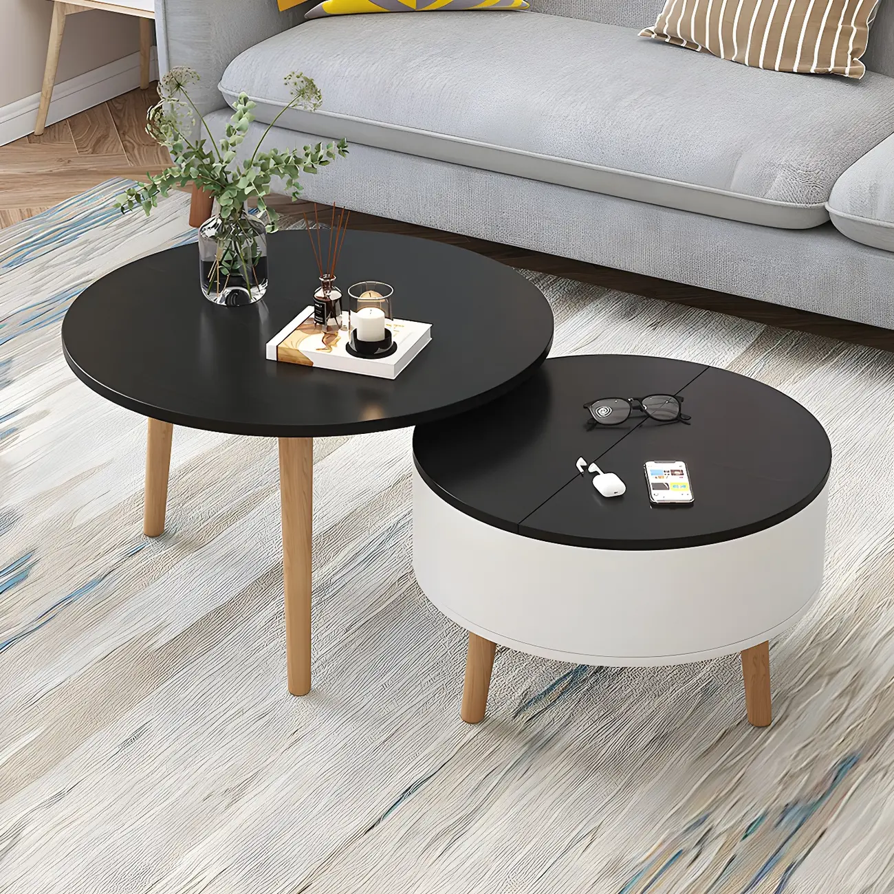 Black White Modern Round Wood Coffee Table with Storage | homeyfad