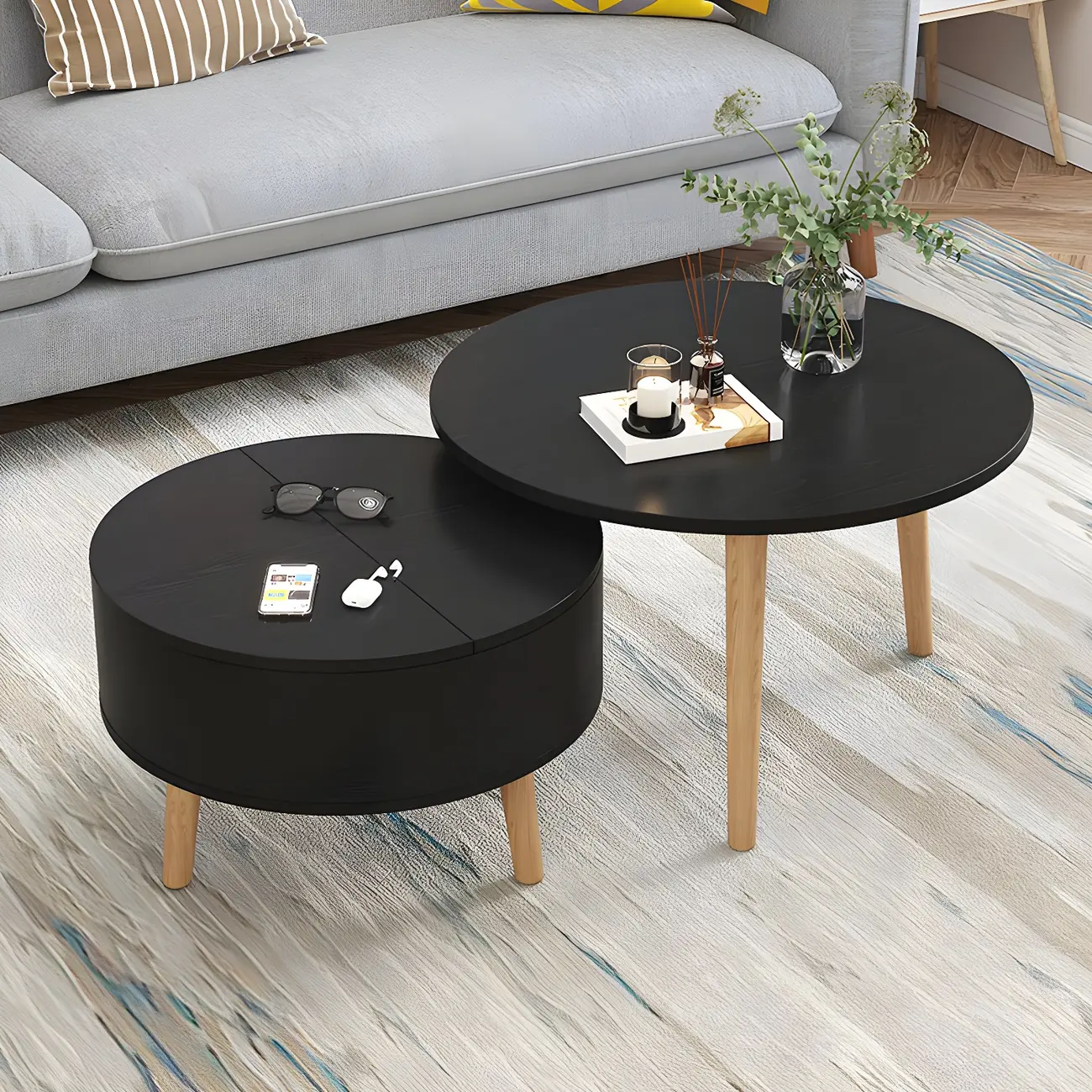 Black White Modern Round Wood Coffee Table with Storage | homeyfad