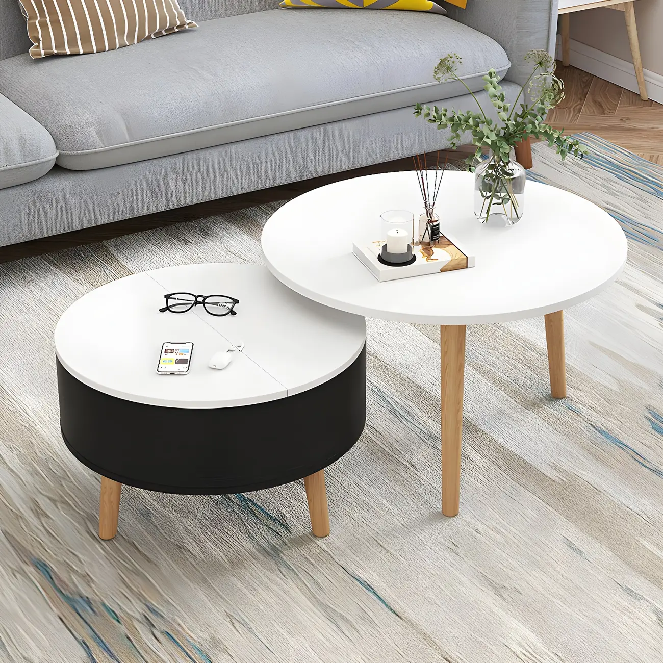 Black White Modern Round Wood Coffee Table with Storage | homeyfad