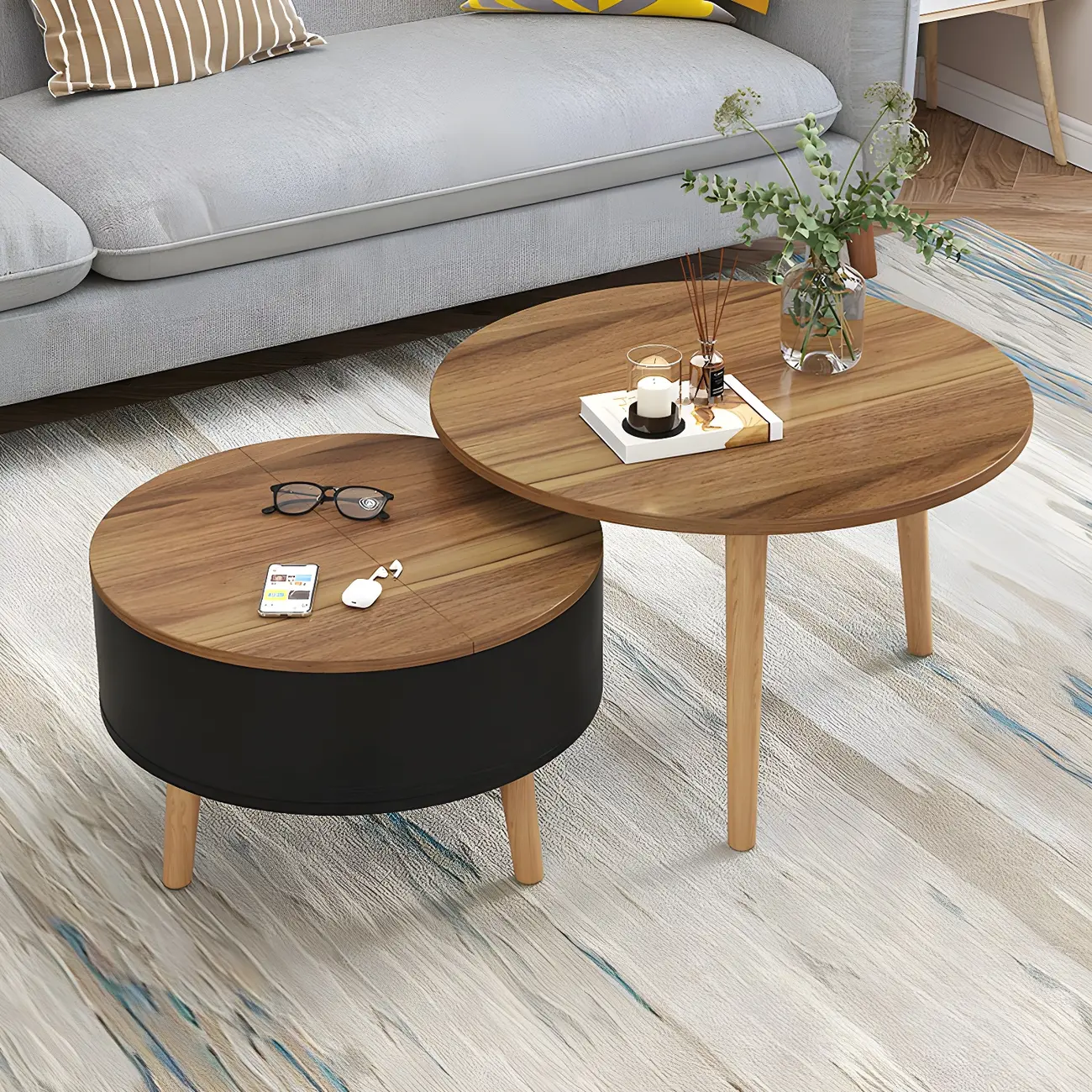 Black White Modern Round Wood Coffee Table with Storage | homeyfad