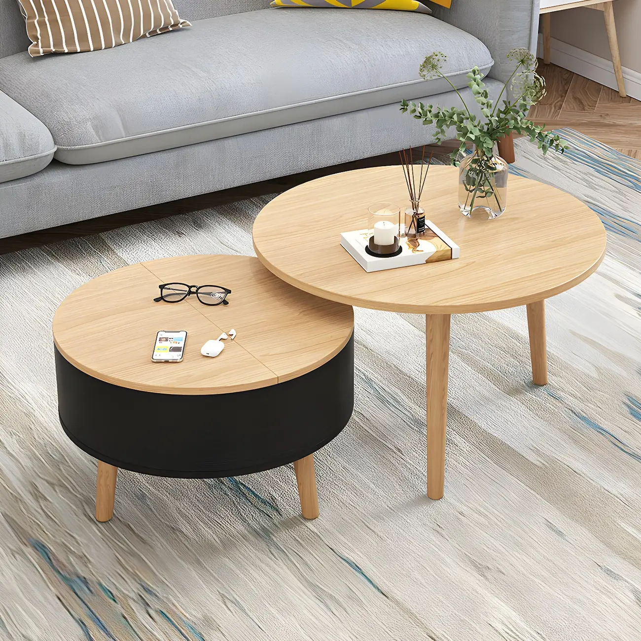 Black White Modern Round Wood Coffee Table with Storage | homeyfad