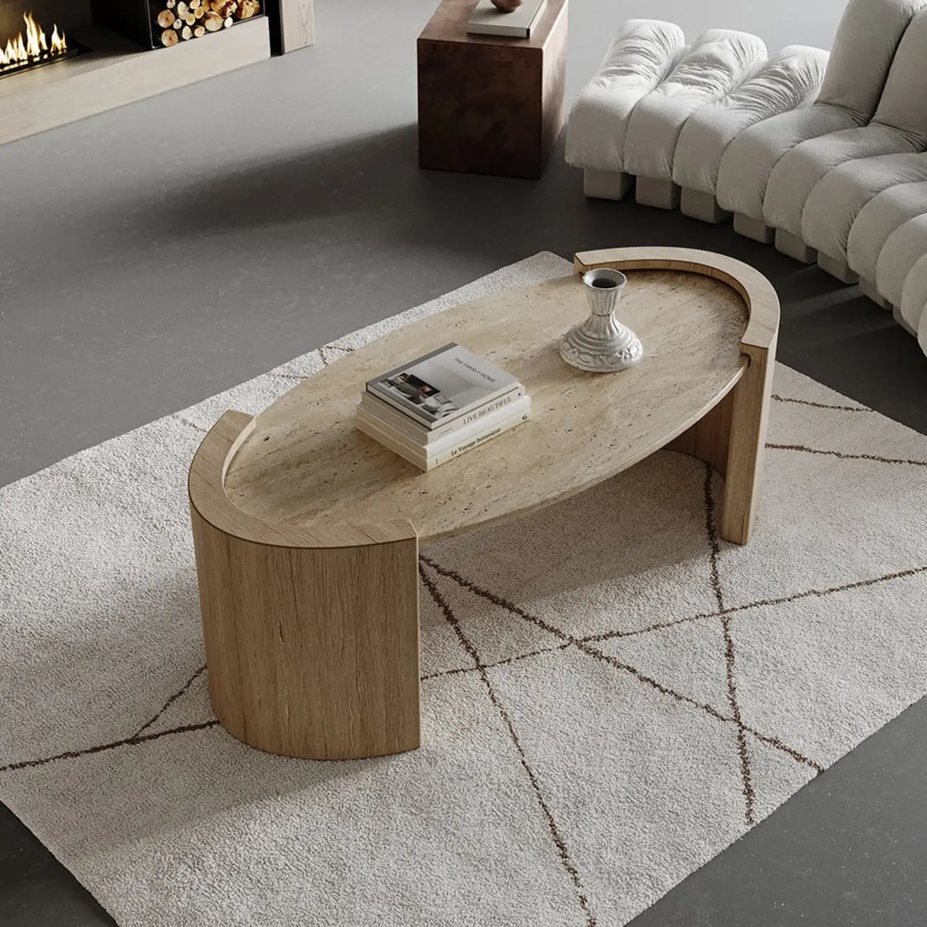 Japandi Oval Travertine Coffee Table in Double Pedestal Image - 1 | homeyfad