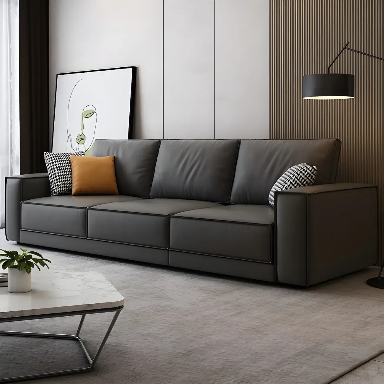 Modern Dark Gray Water Resistant Faux Leather Sectional Sofa Image - 4