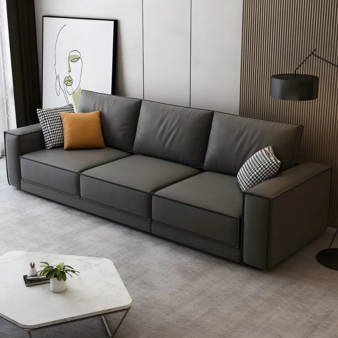 Modern Dark Gray Water Resistant Faux Leather Sectional Sofa Image - 5