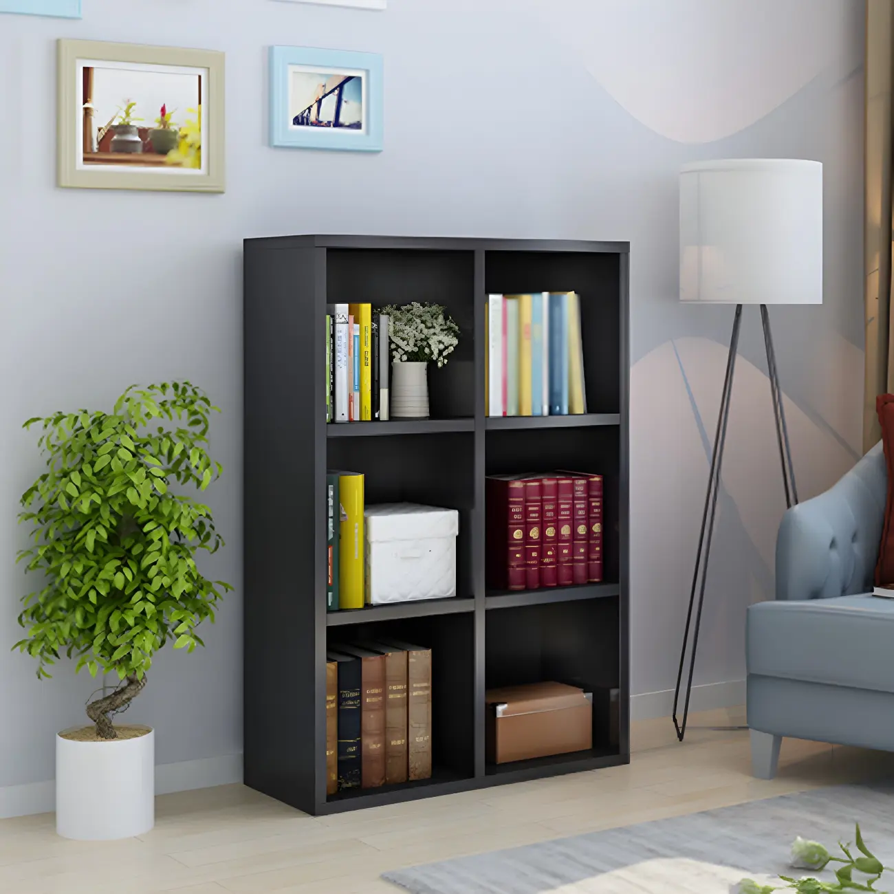 Scandinavian 3-Tier Black Cube Wood Bookcase  Image - 2 | homeyfad