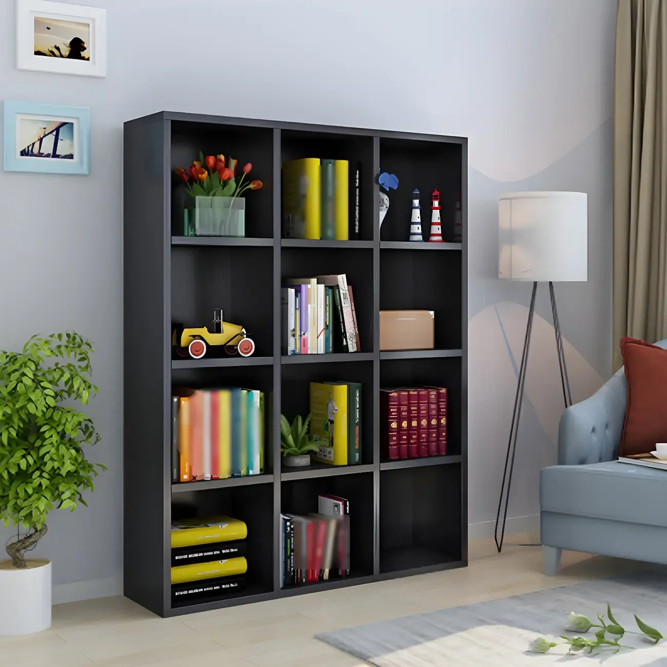 Scandinavian 3-Tier Black Cube Wood Bookcase  Image - 3