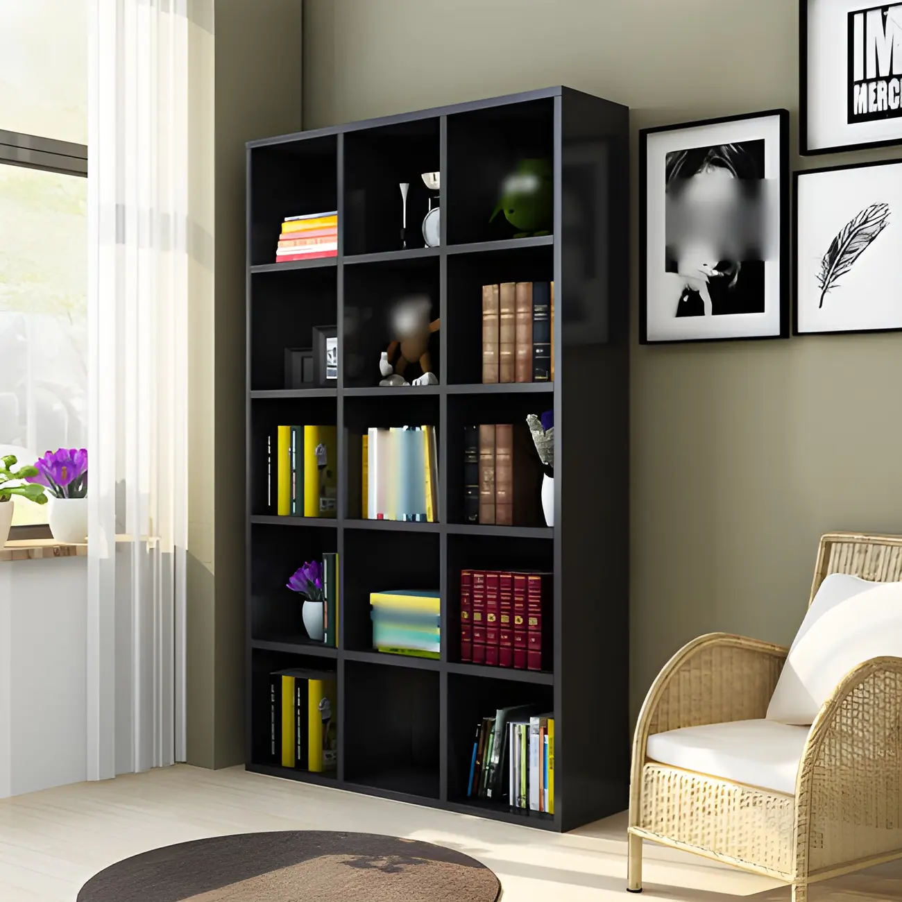 Scandinavian 3-Tier Black Cube Wood Bookcase  Image - 8 | homeyfad