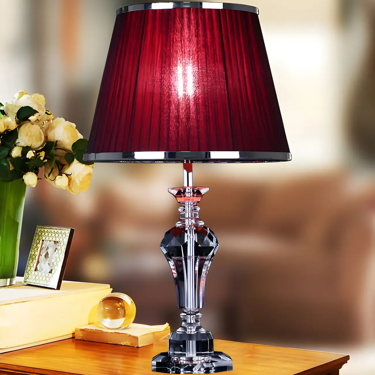 Urn-Shaped Table Light Contemporary Faceted Crystal 23"/25" Long 1 Head Red Small Desk Lamp Image - 3