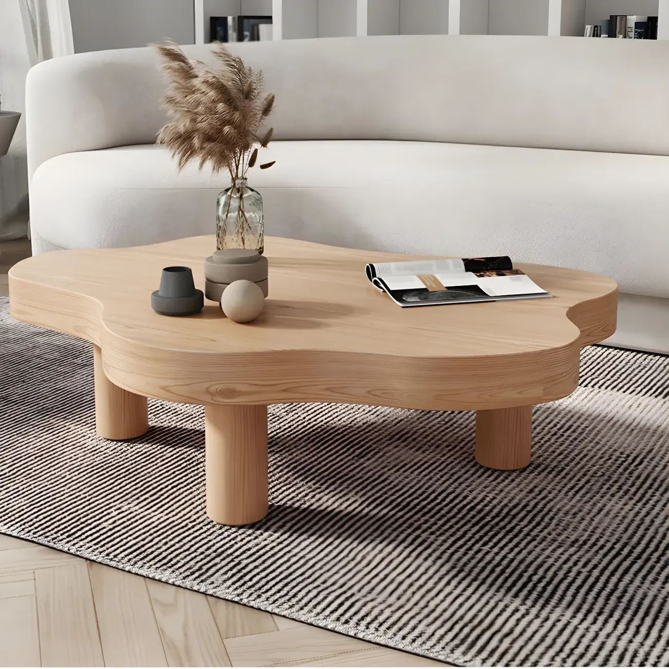 Natural Cloud-Shaped Pine Coffee Table with 3 Legs Image - 1