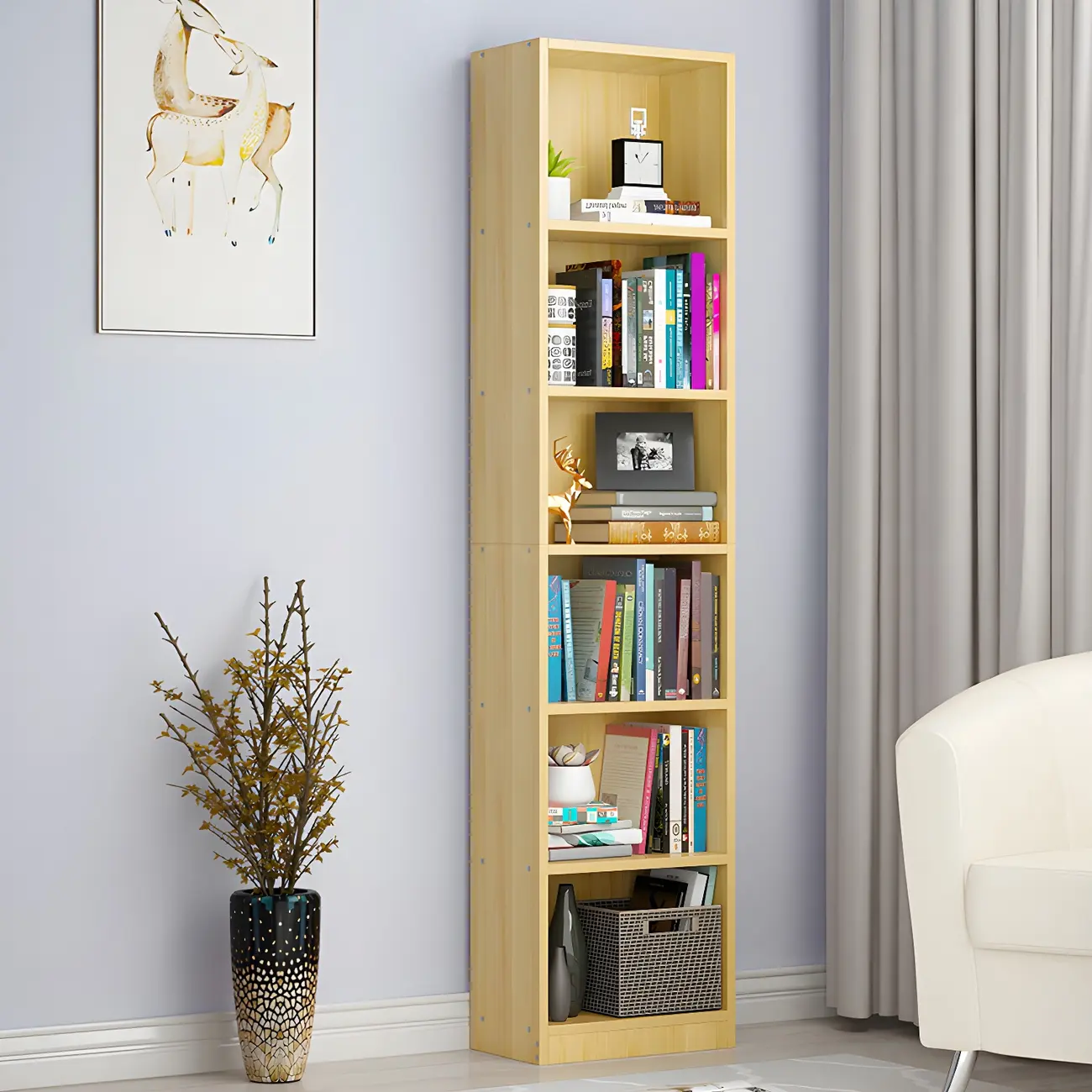 Minimalist Light Wood Narrow Tall Bookcase 6-Shelf Image - 1 | homeyfad