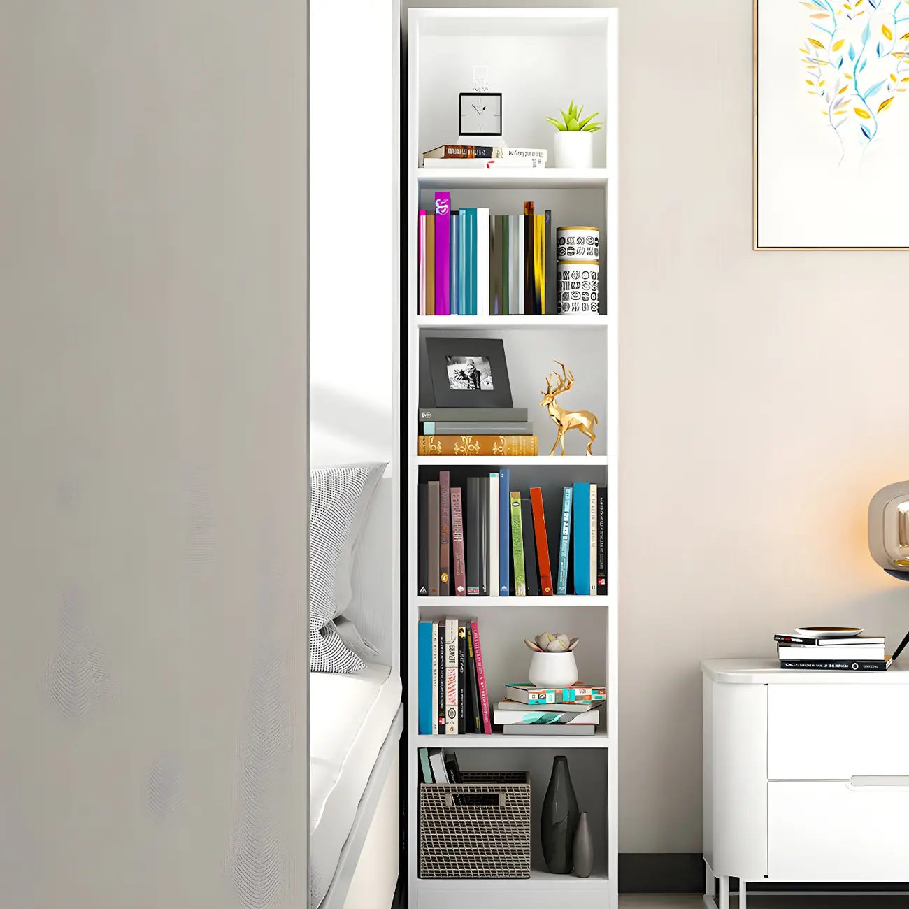 Minimalist Light Wood Narrow Tall Bookcase 6-Shelf Image - 2 | homeyfad
