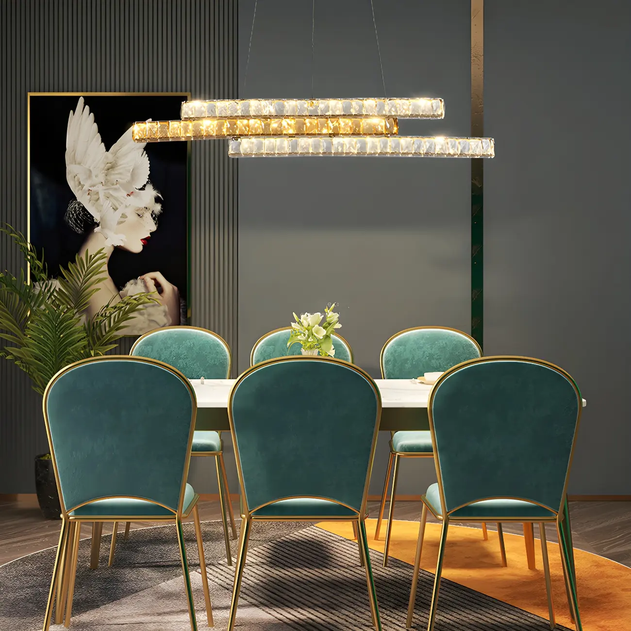 Modish 3-Tier Crystal LED Linear Pendant Light Image - 9 | homeyfad