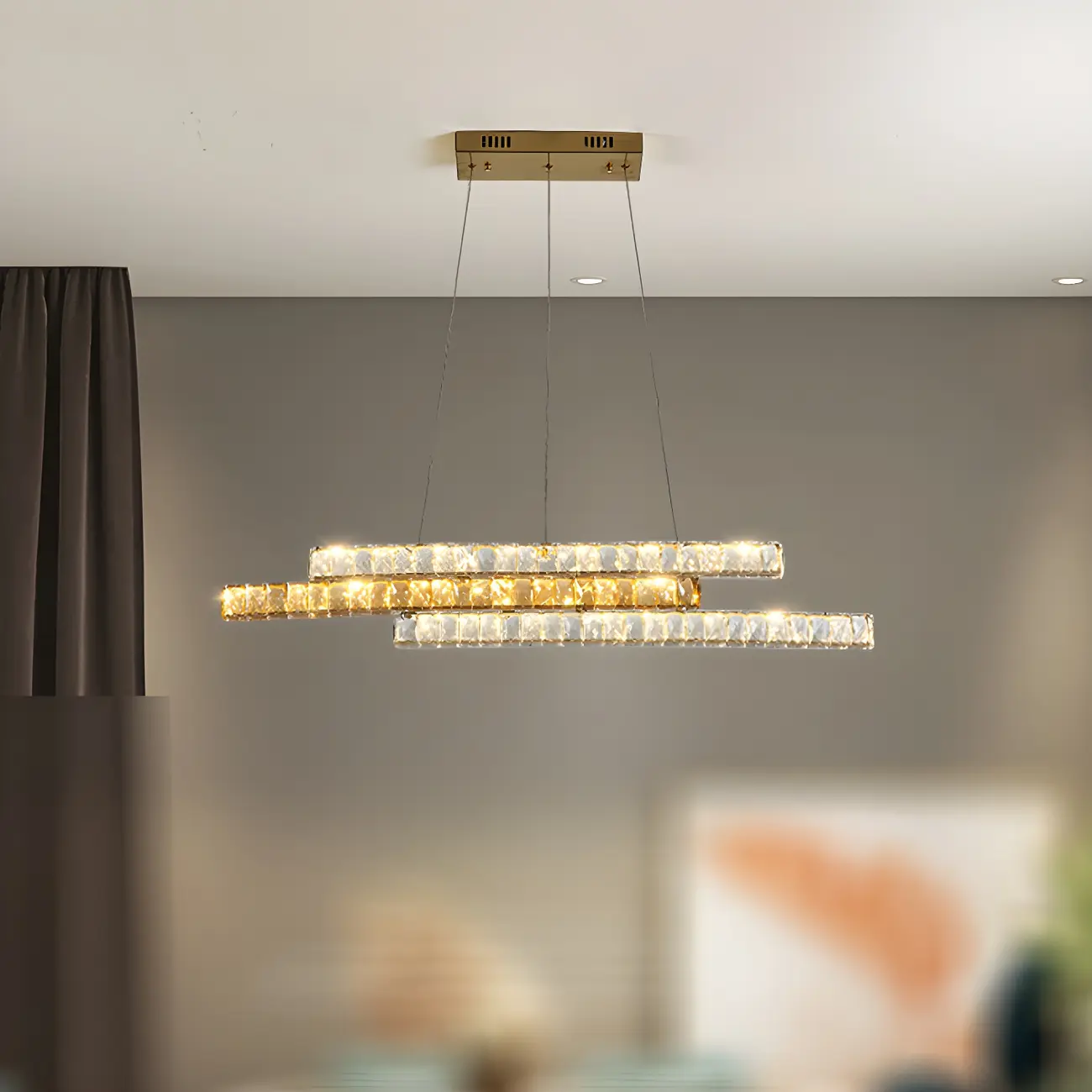 Modish 3-Tier Crystal LED Linear Pendant Light Image - 18 | homeyfad