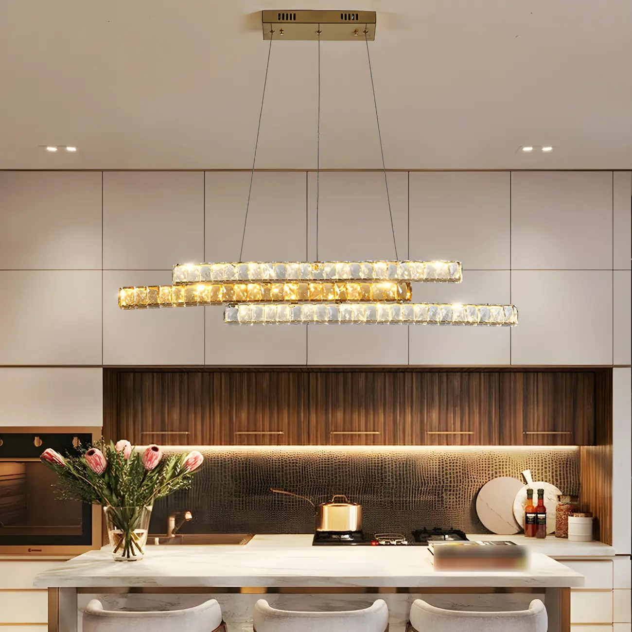 Modish 3-Tier Crystal LED Linear Pendant Light Image - 1 | homeyfad