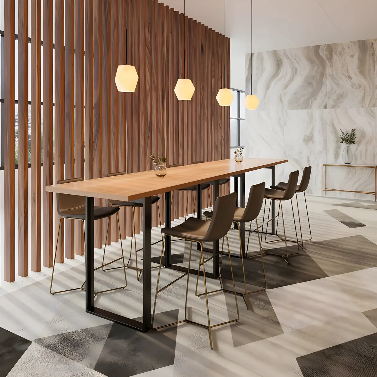 Industrial Walnut Rectangular Large Dining Bar Table Image - 3 | homeyfad