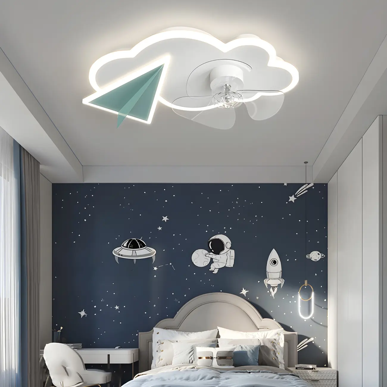 Cloud Flush Ceiling Fan with LED Light for Kids Room Image - 2 | homeyfad
