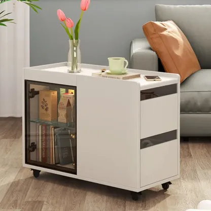 Living Room Off White Wood Sliding Side Table with Storage Image - 1