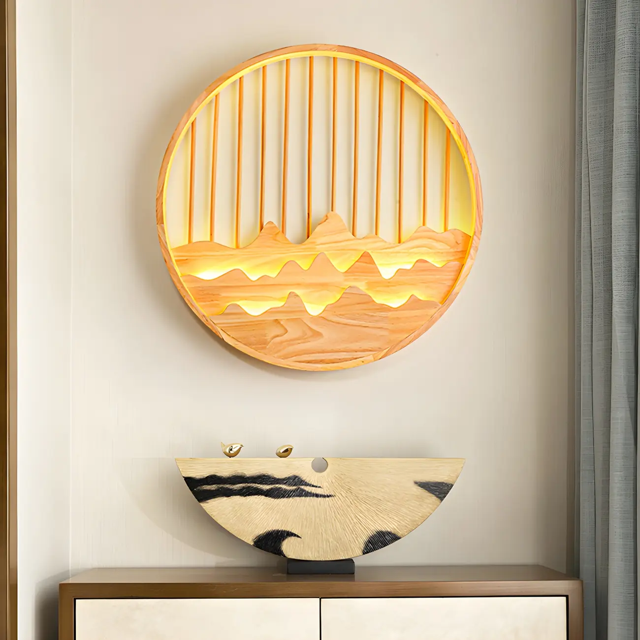 Oriental Wood Geometric LED Wall Sconce for Bedroom Image - 1 | homeyfad